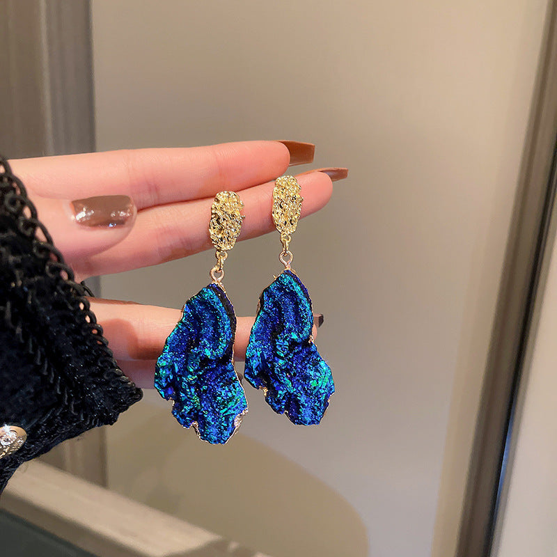 Wholesale Silver Needle Wrinkled Blue Irregular Metal Earrings